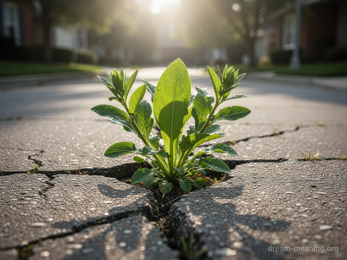 A small plant emerging from a crack in a dry, damaged surface.