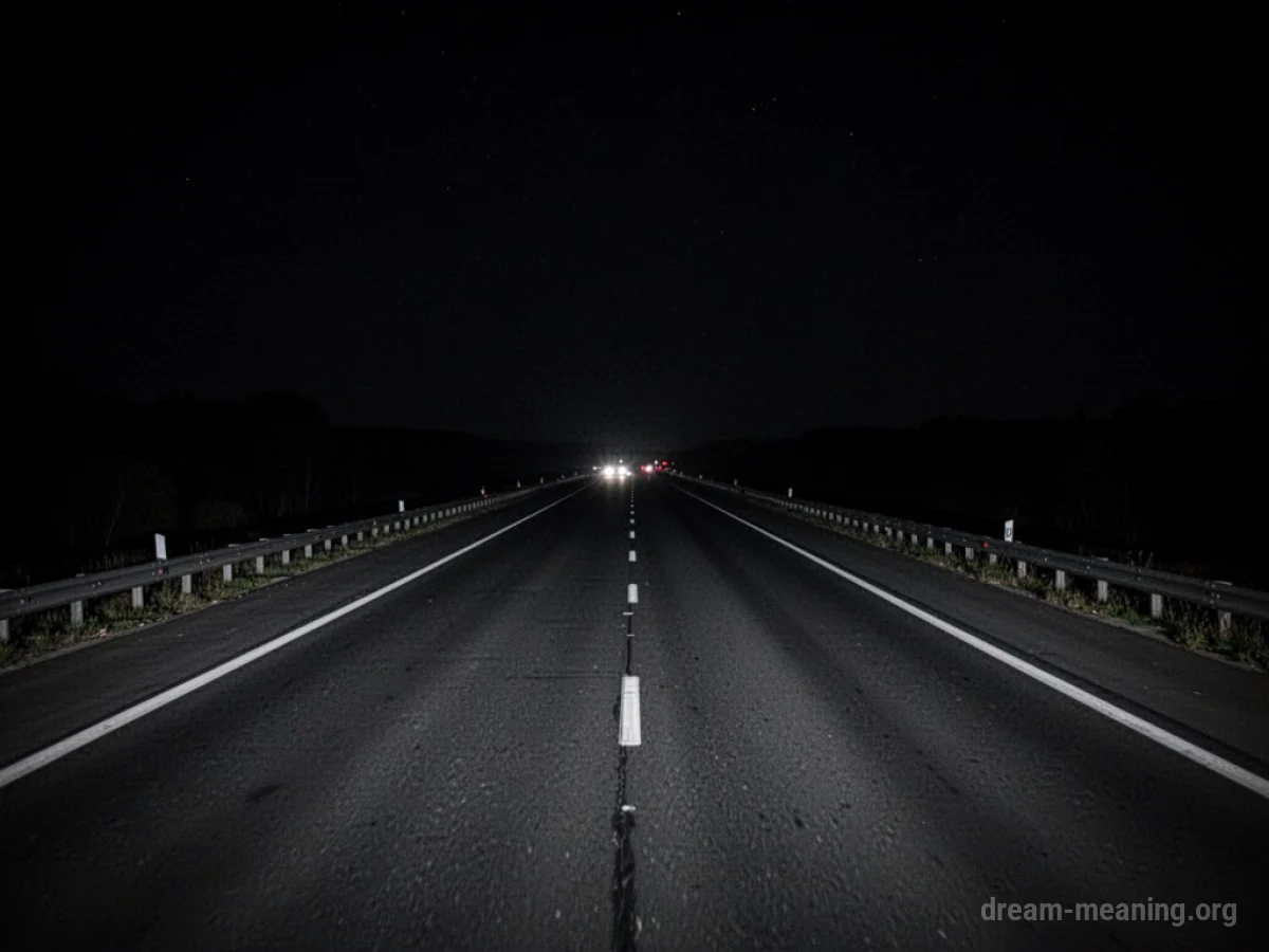 A desolate highway disappearing into darkness under a night sky.