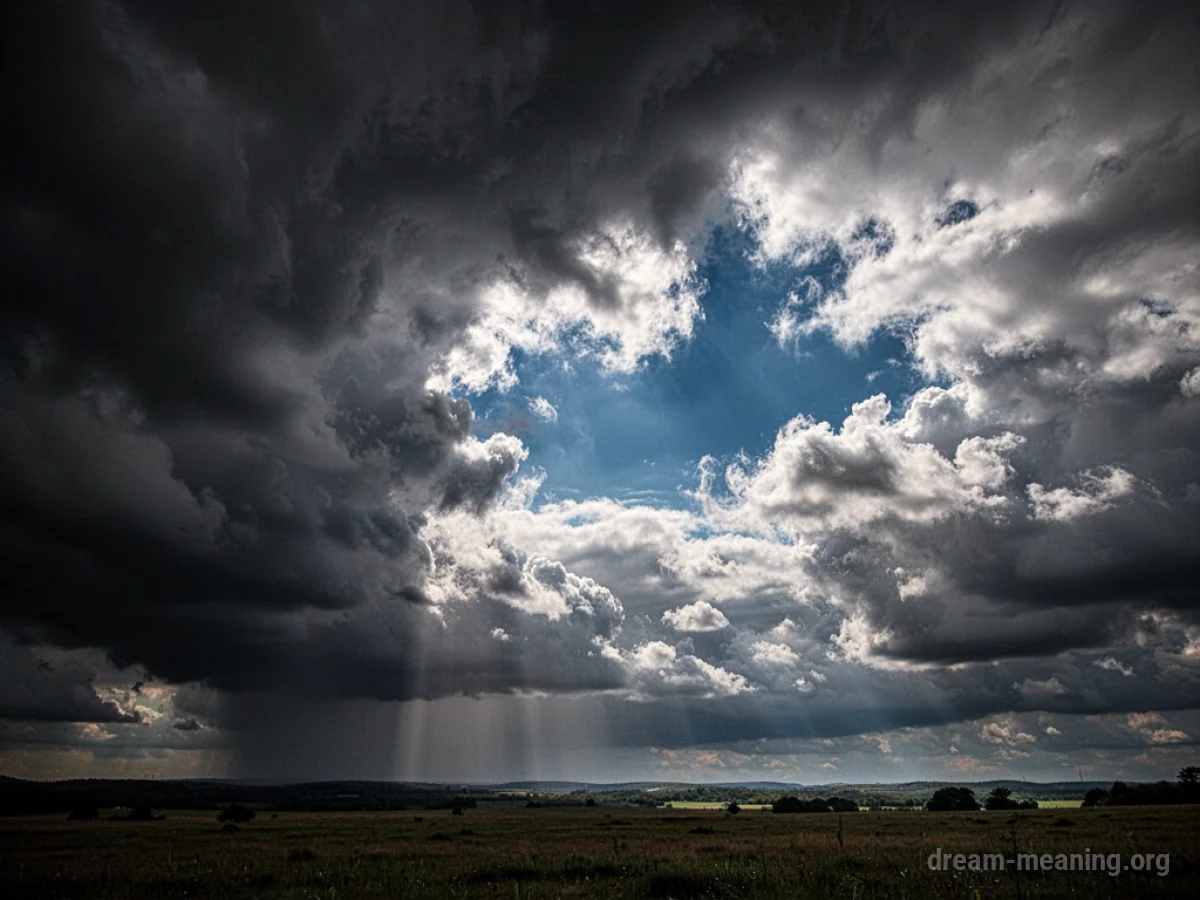 Dark clouds parting to show a brighter sky.