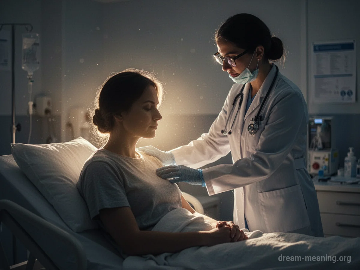 A silhouetted figure with a glowing light around them being attended to by a doctor silhouette.