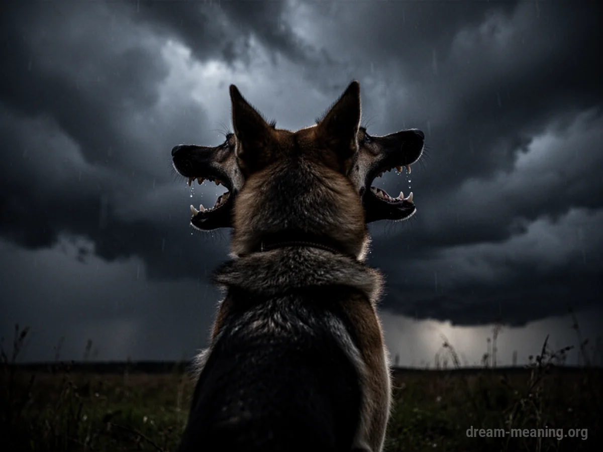 Silhouette of a dog with bared teeth against a stormy sky.