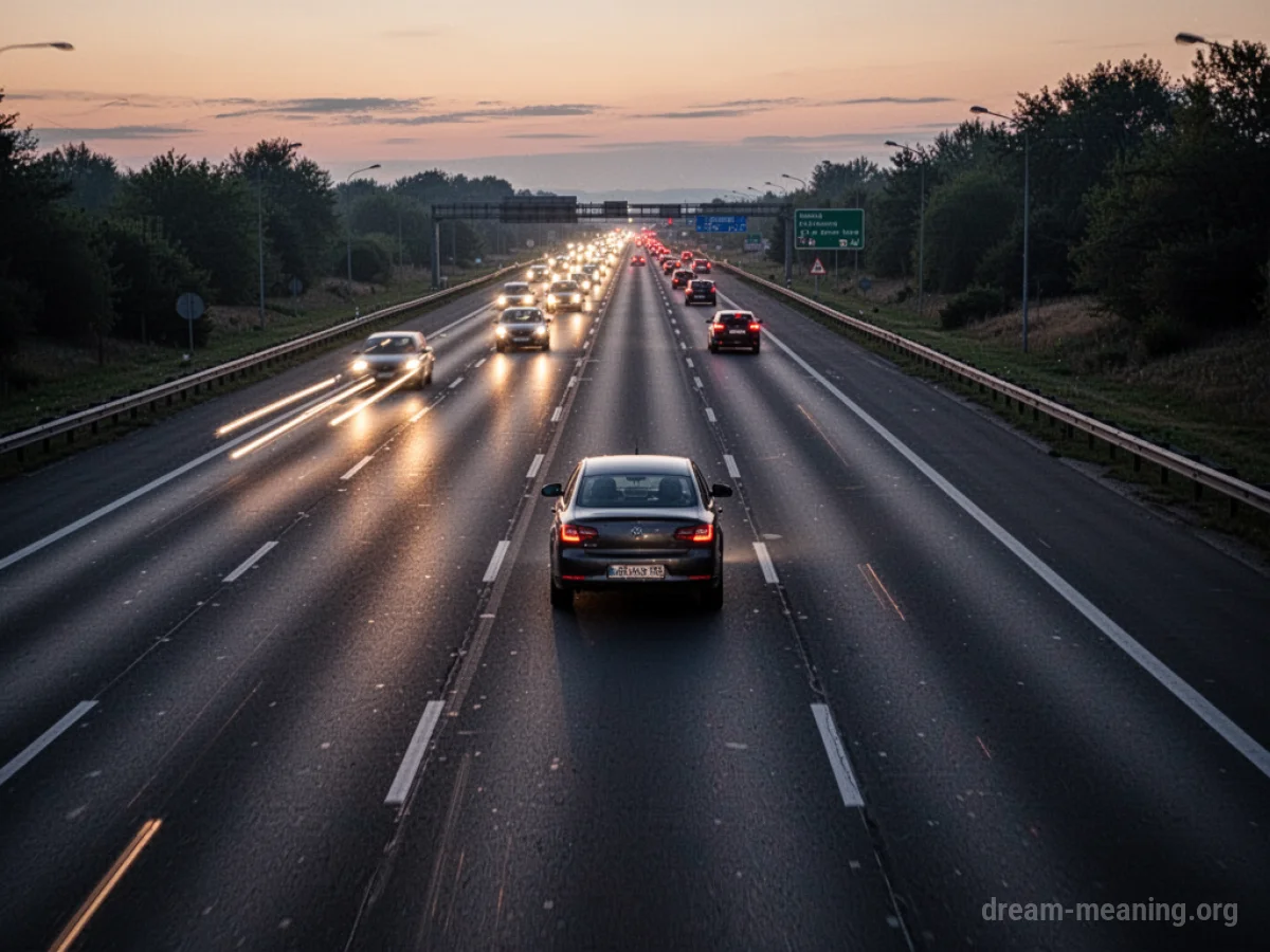 A single car driving against the flow of traffic on a highway.