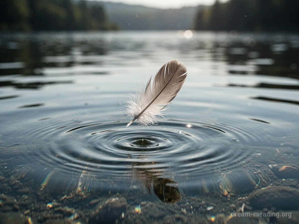 A white feather falling onto a still body of water.