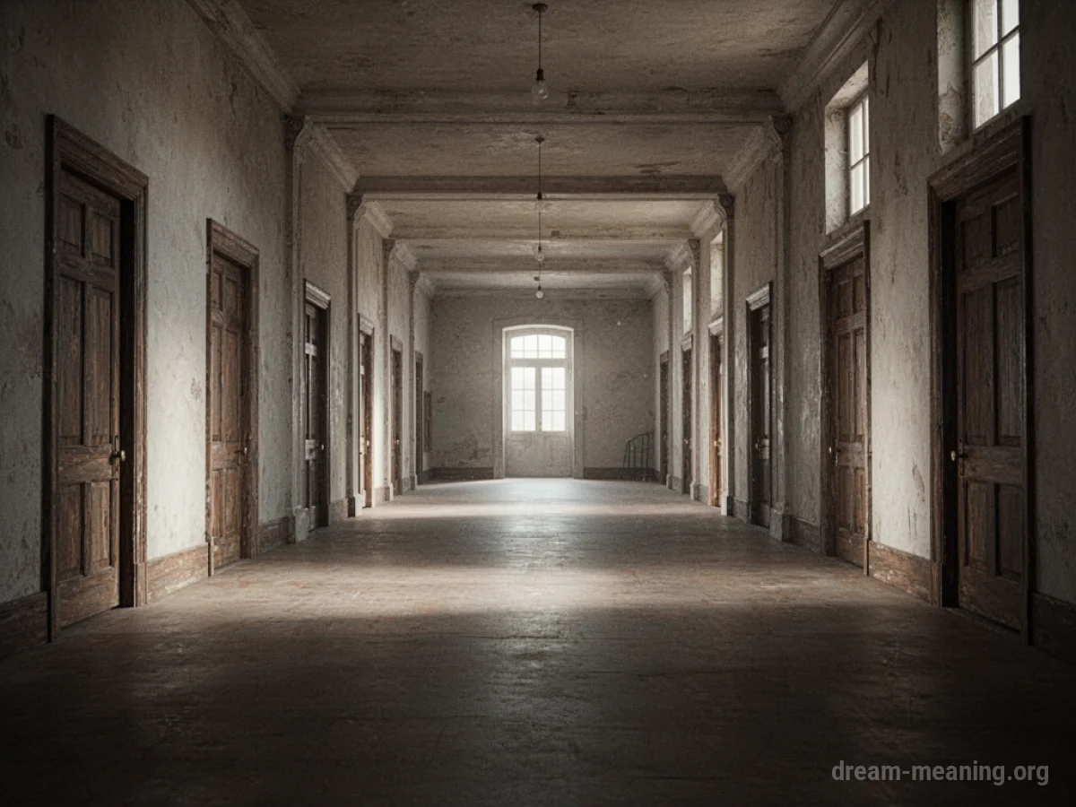 A very long, empty corridor with closed doors on either side and a faint light far ahead.