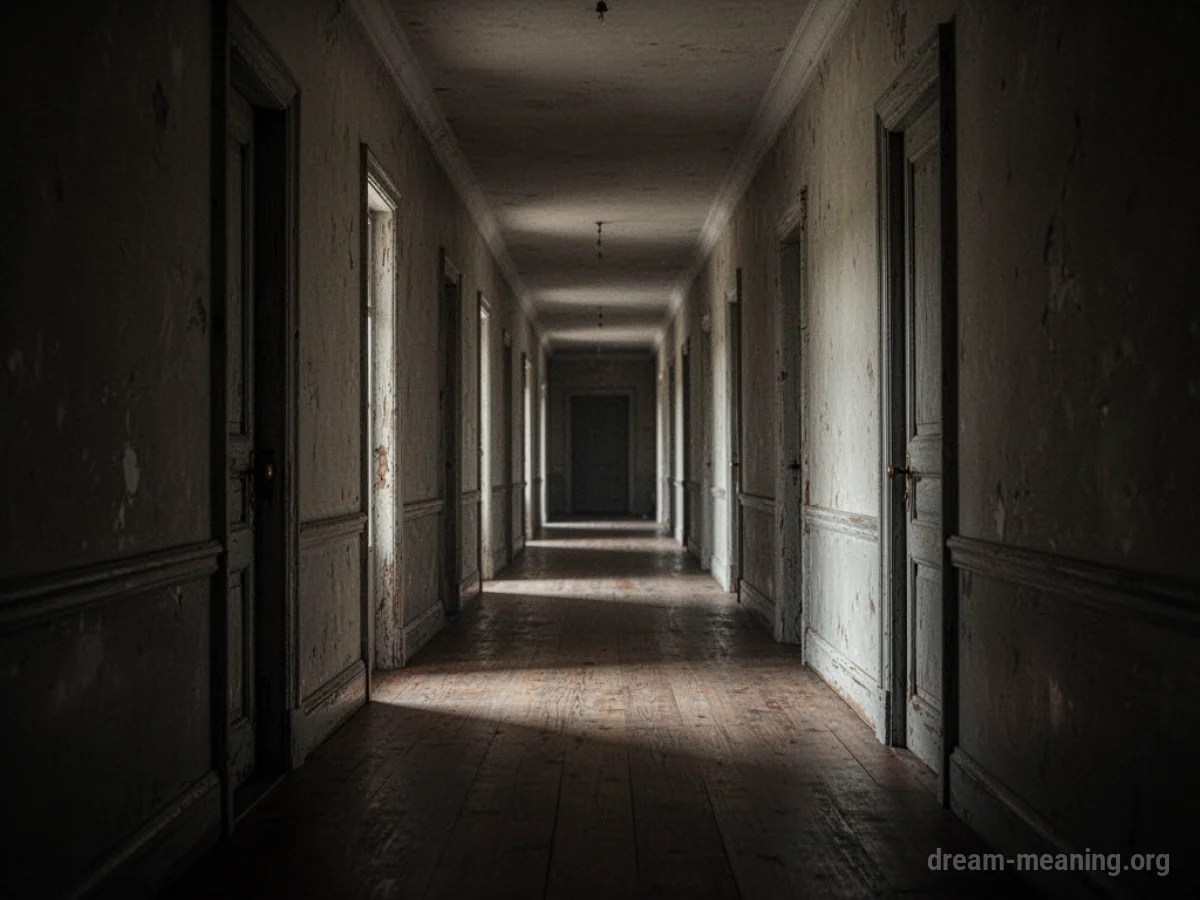 A very long, empty hallway with doors on either side receding into darkness.