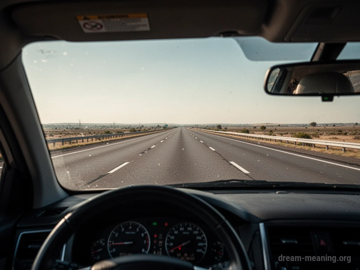 View from car interior looking out at a highway ahead.