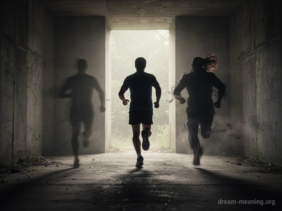 Silhouette of a person running away from a dark shape toward a bright light.