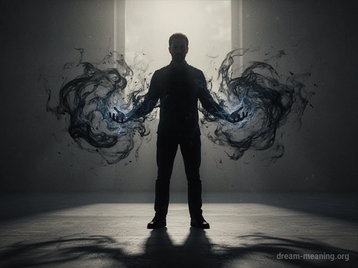Silhouette of a person with dark energy radiating from their hands.