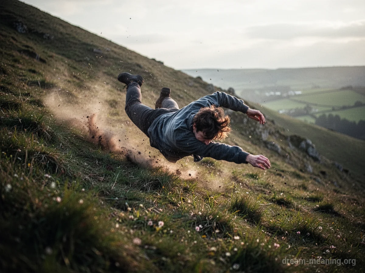 A person falling down a steep grassy hill.