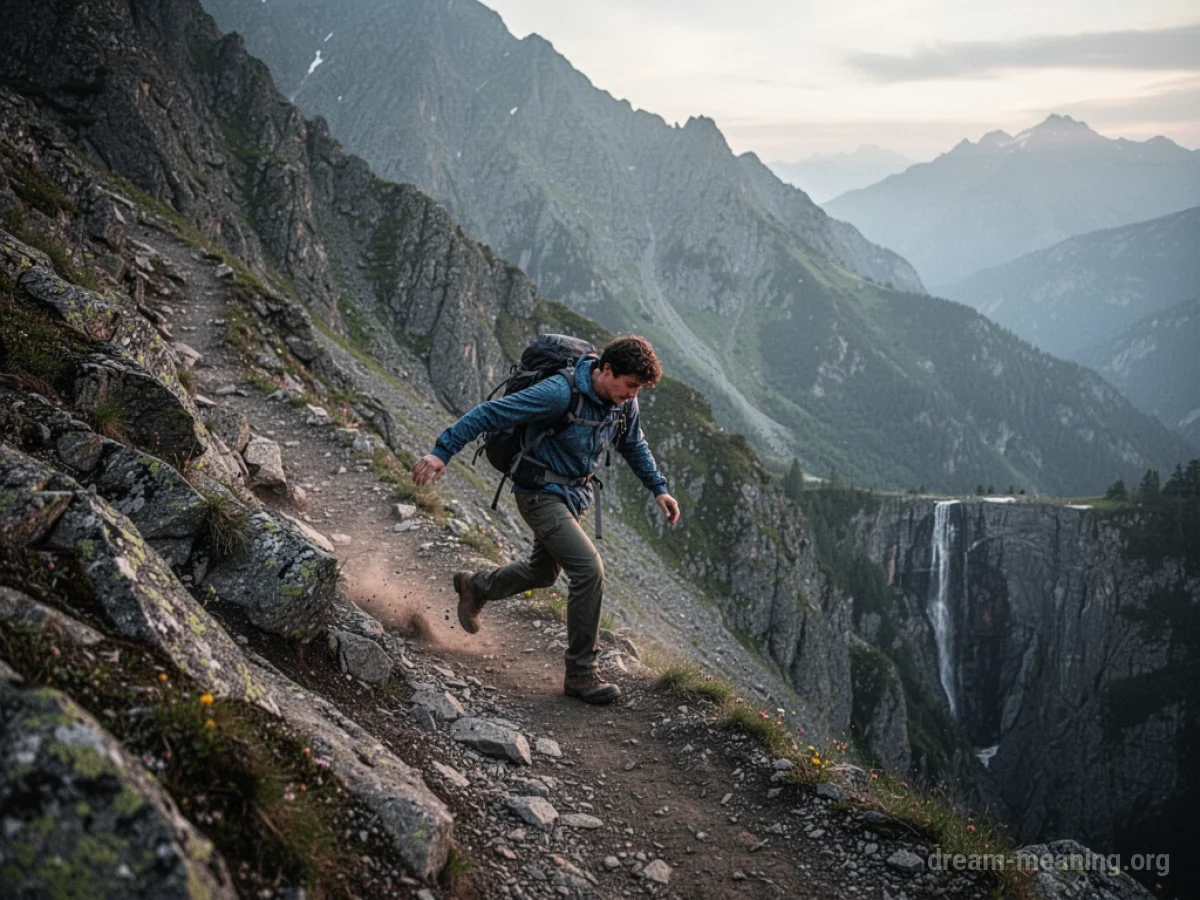A hiker stumbling on a steep mountain path.