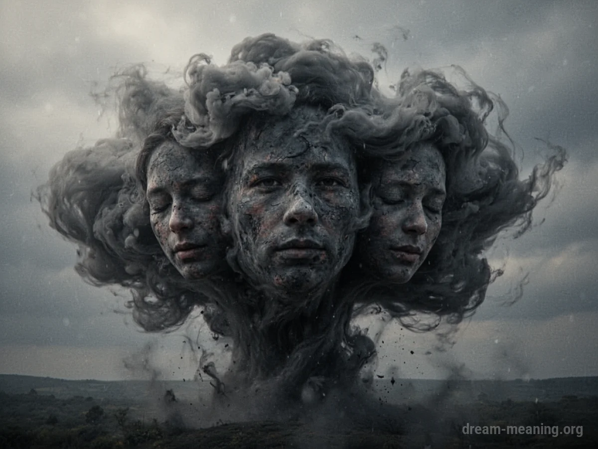 A dark, turbulent cloud formation with indistinct faces visible inside.