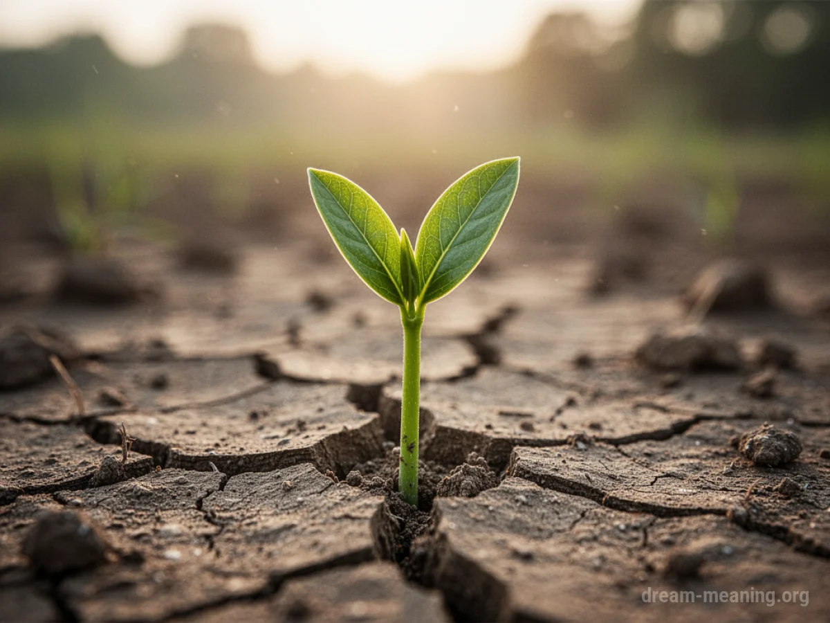 A small green plant growing from dry soil.