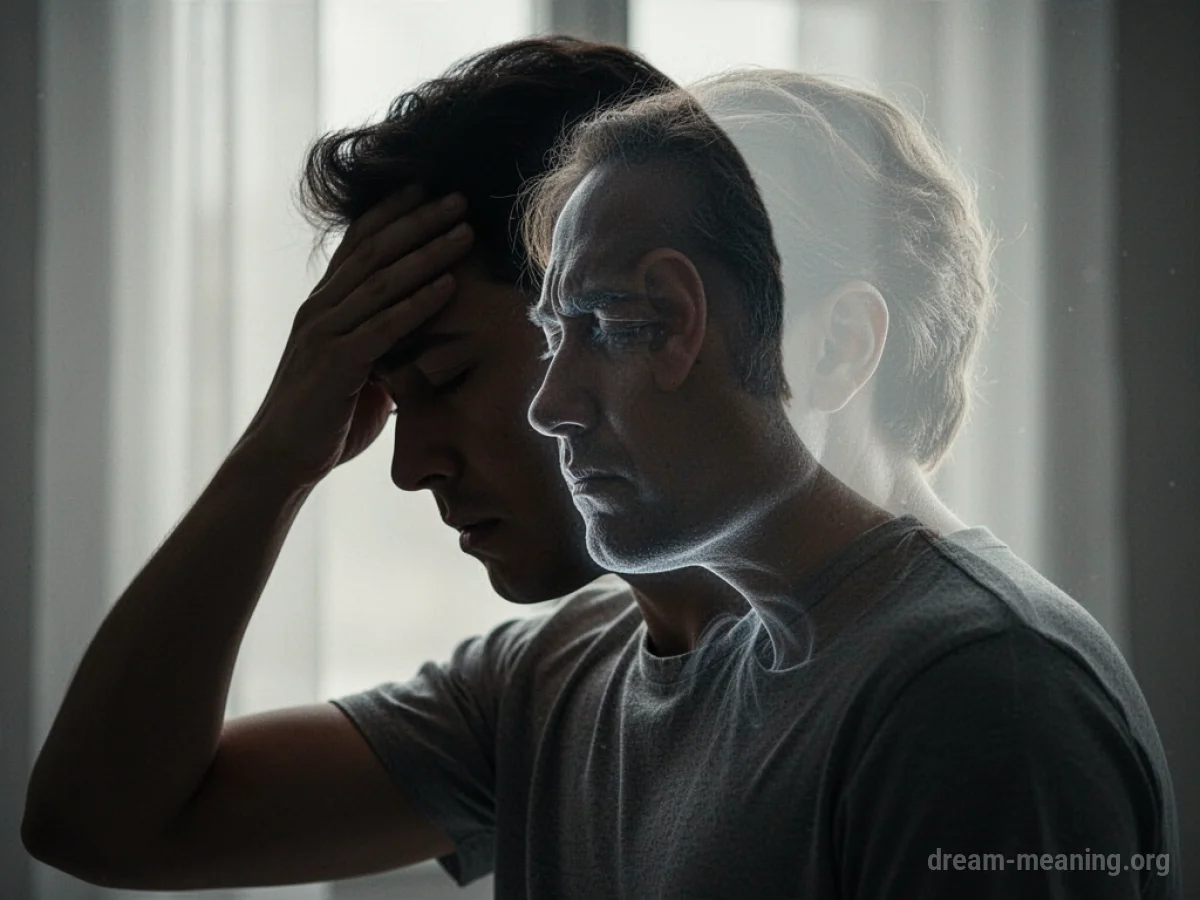 Silhouette of one person with a hand on their head, with a faint overlay of another person's head.