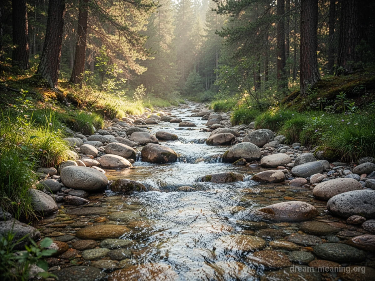 A clear stream flowing over rocks in a forest.