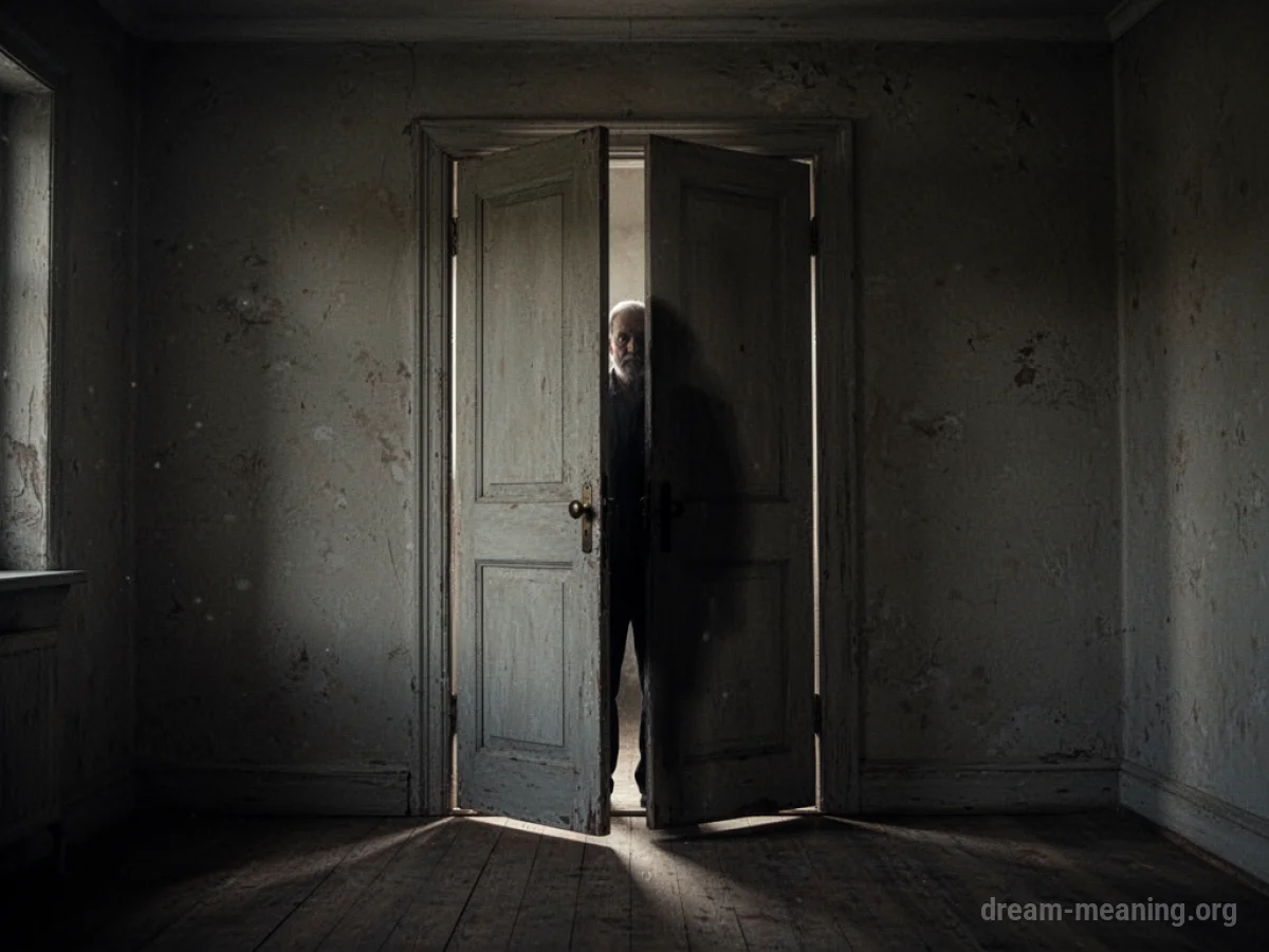 A partially open door casting a shadow that hints at someone concealed within.