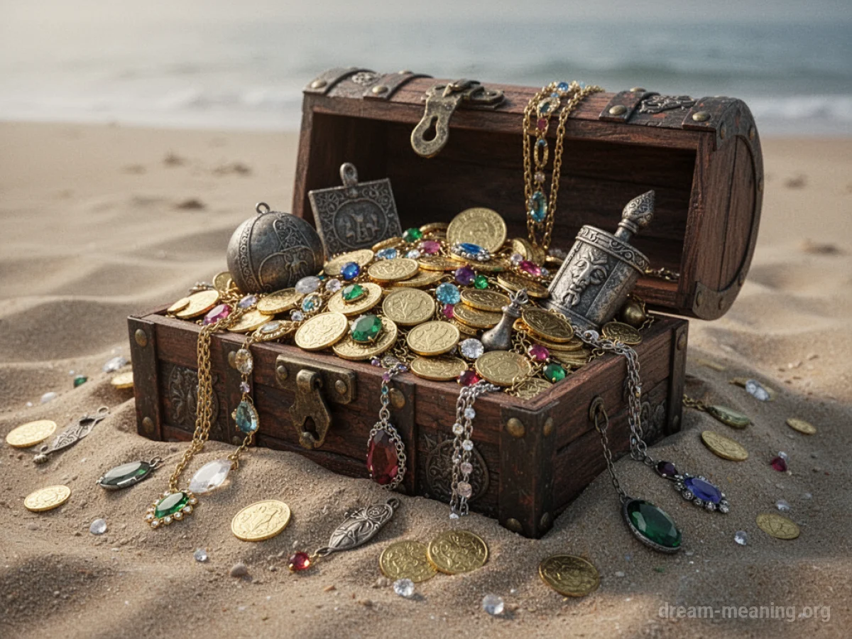 An open treasure chest filled with gold coins and jewels on a sandy beach.