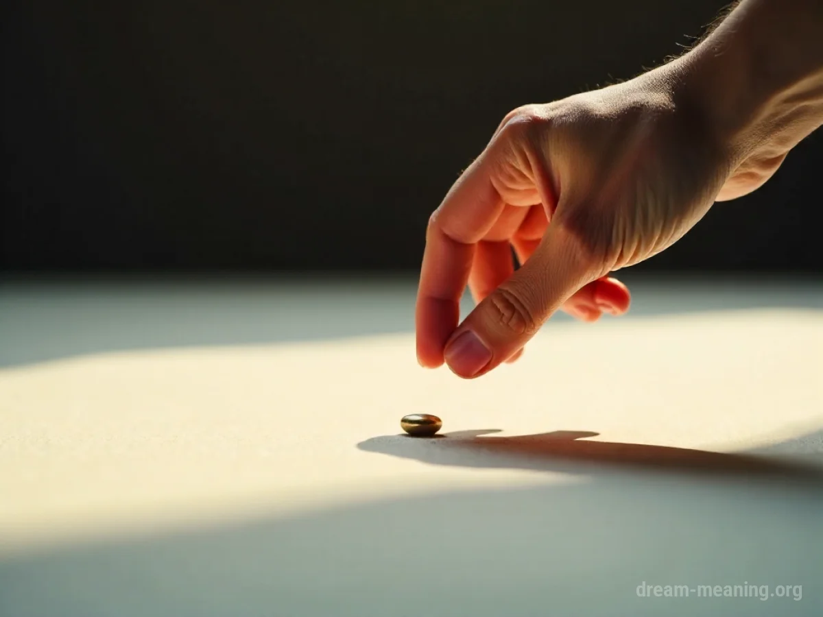 A hand reaching down to pick up a small, shiny object from the ground.