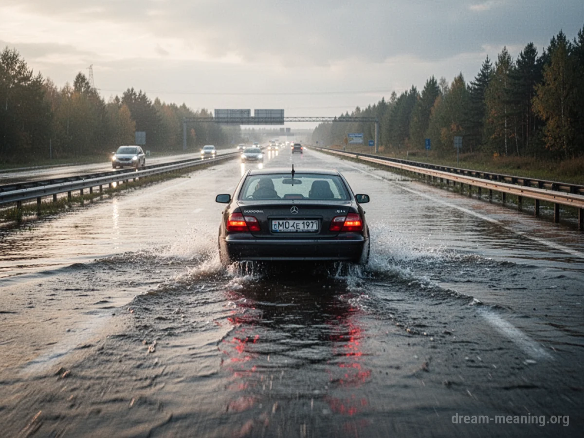 A car partially submerged in water on a highway.