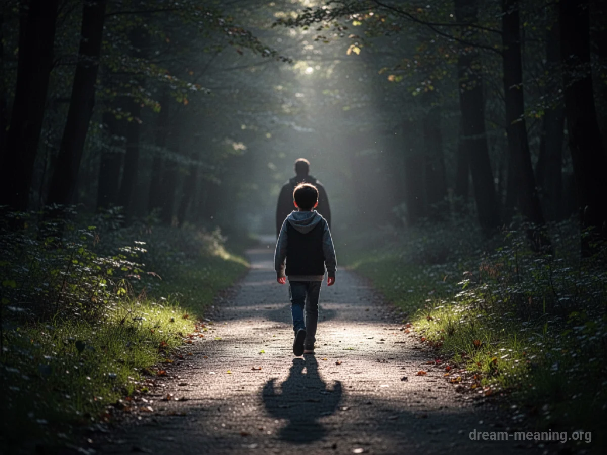 A person walks along a bright path behind another figure.