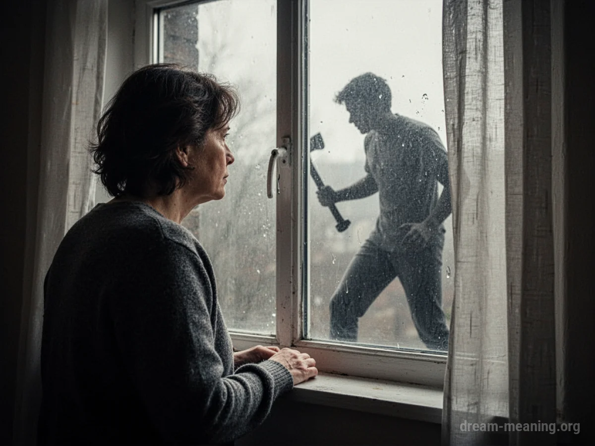 Silhouette of a person performing a negative action seen through a window.