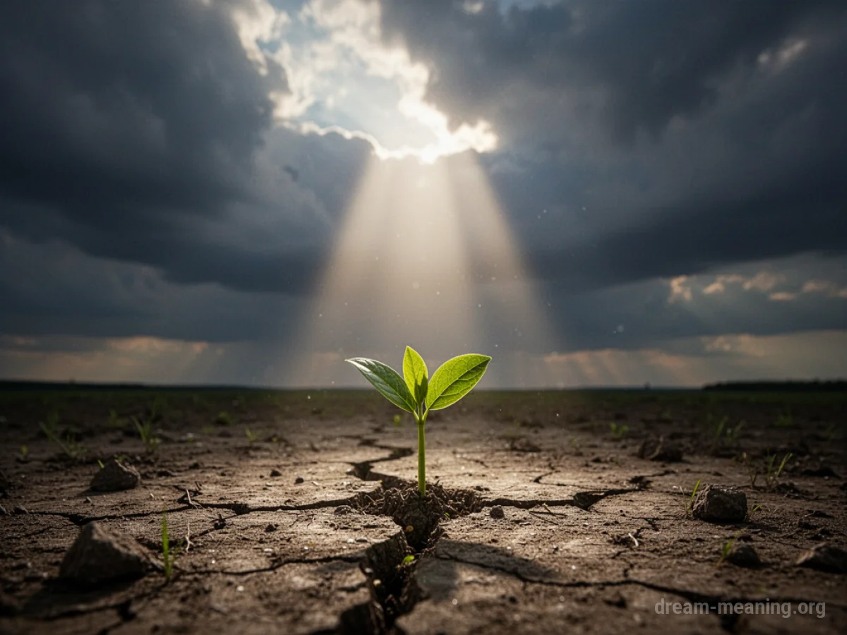 Sunlight breaking through clouds onto a small green sprout emerging from cracked earth.