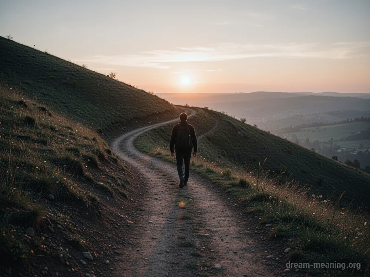 Silhouette of a person walking down a steep, winding dirt path on a hill at sunset.