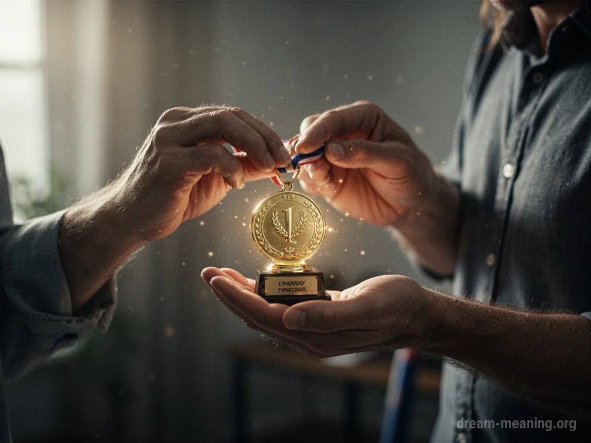 A hand reaching out to receive a small glowing trophy.