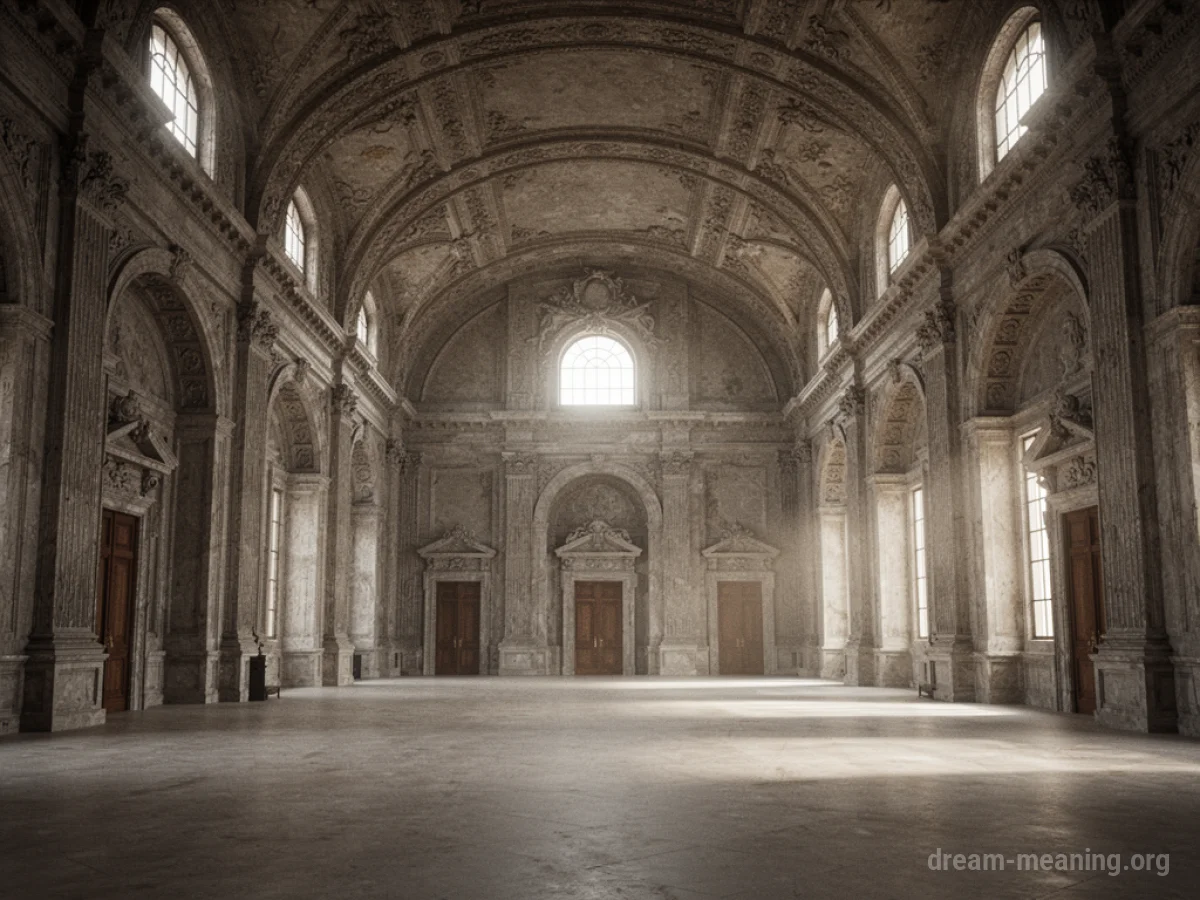 An expansive hall with a high ceiling and decorative pillars.