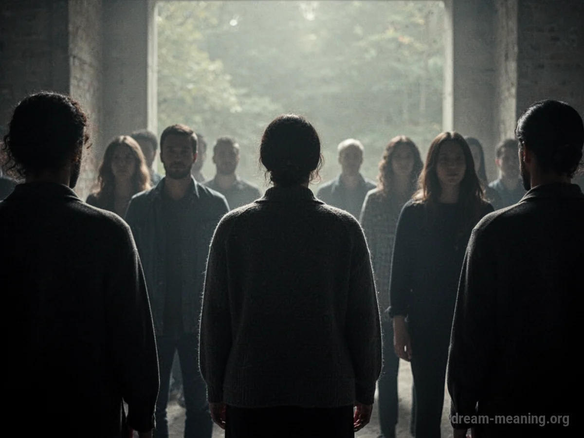 Silhouettes of multiple people standing together, facing away.