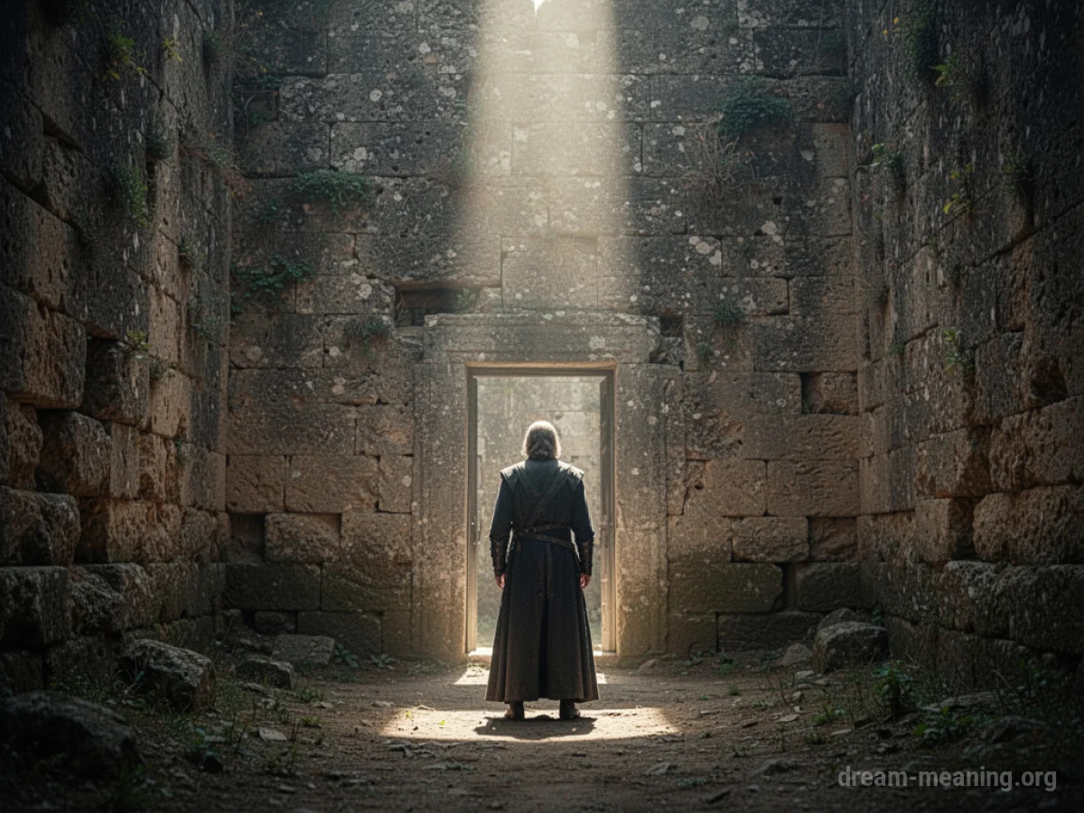 A stone wall with a faint outline of a door, guarded by a stoic figure.