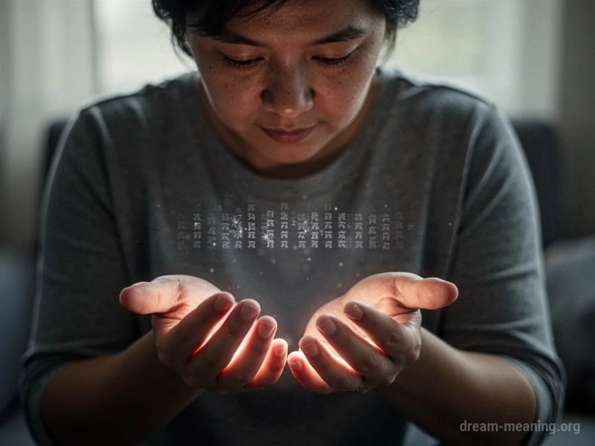 Person looking down at their hands, one hand emitting a faint light.