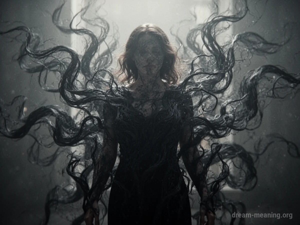 Silhouette of a person being wrapped by dark, wispy tendrils.