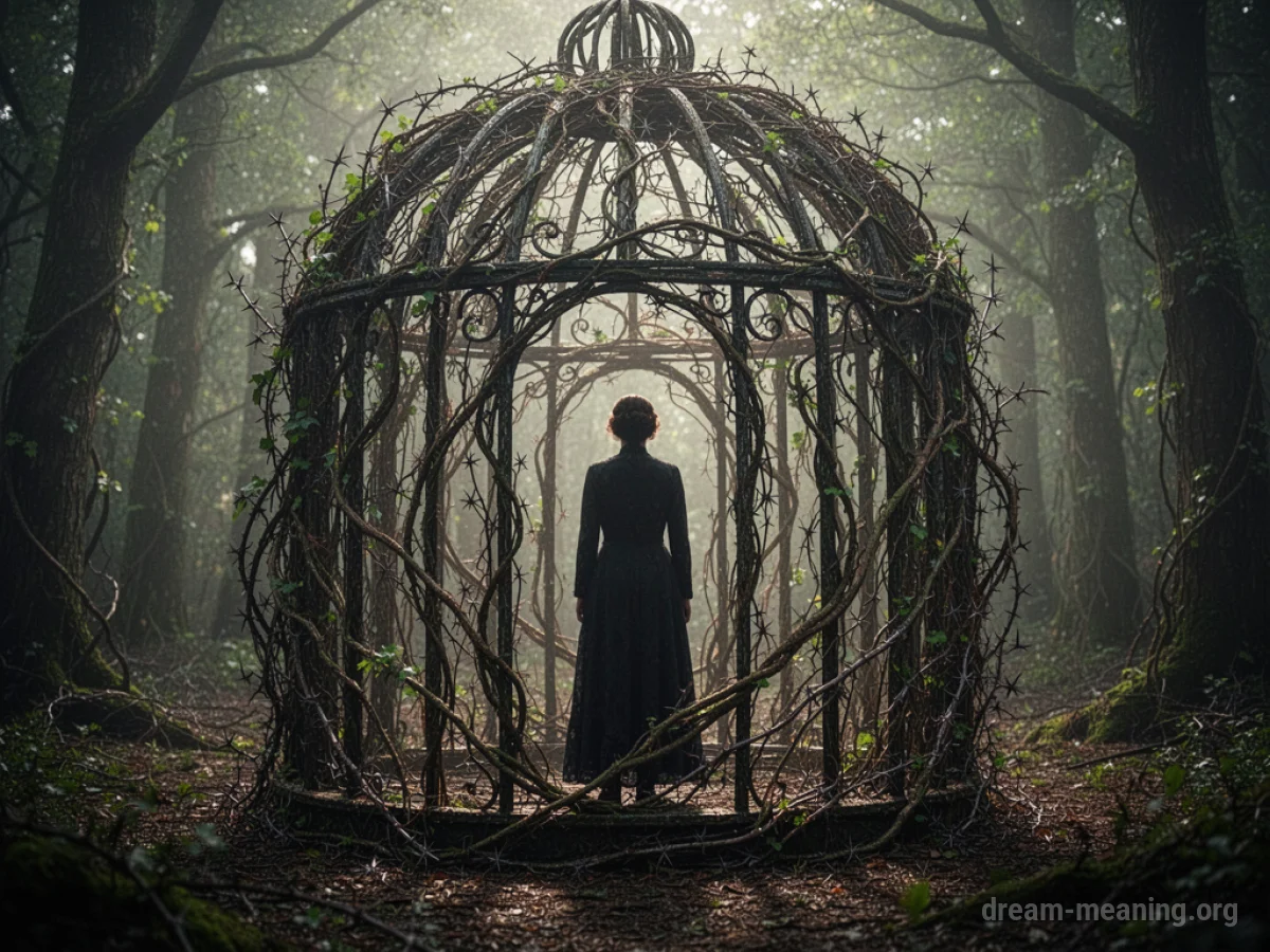 Silhouette of a person trapped within a cage made of organic, vine-like bars.