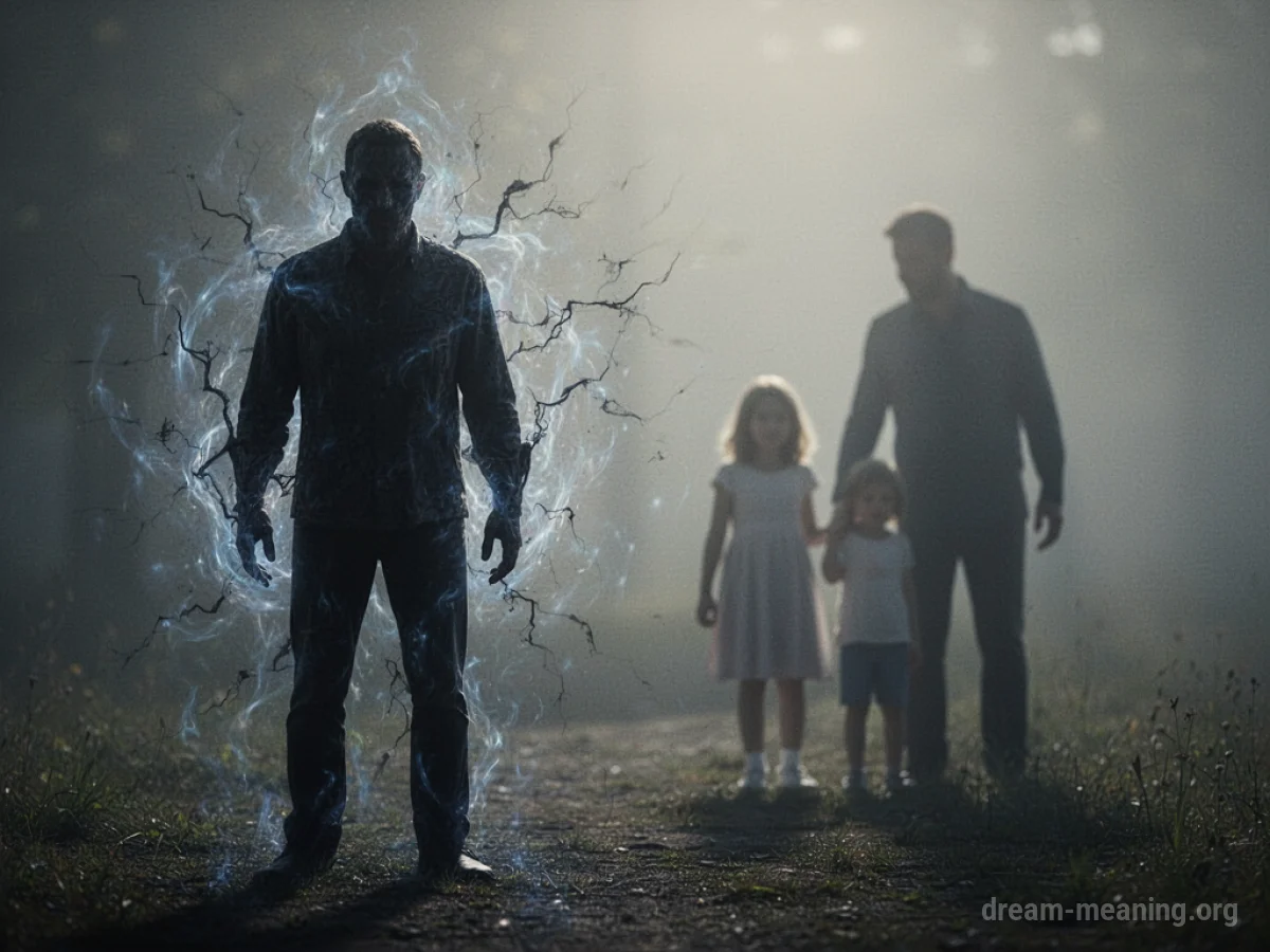 A shadowy figure standing away from a family group.