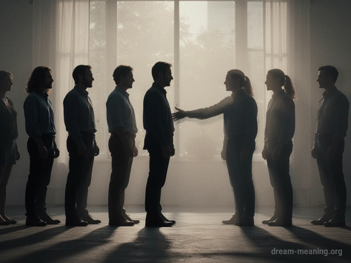 Silhouettes of people in a line, one shadow reaching another.