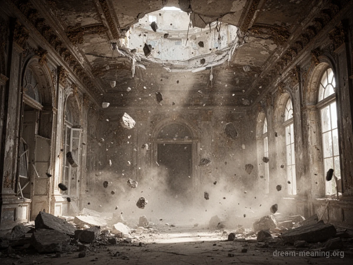 Interior of a grand hall with cracks in the ceiling and walls, dust falling.