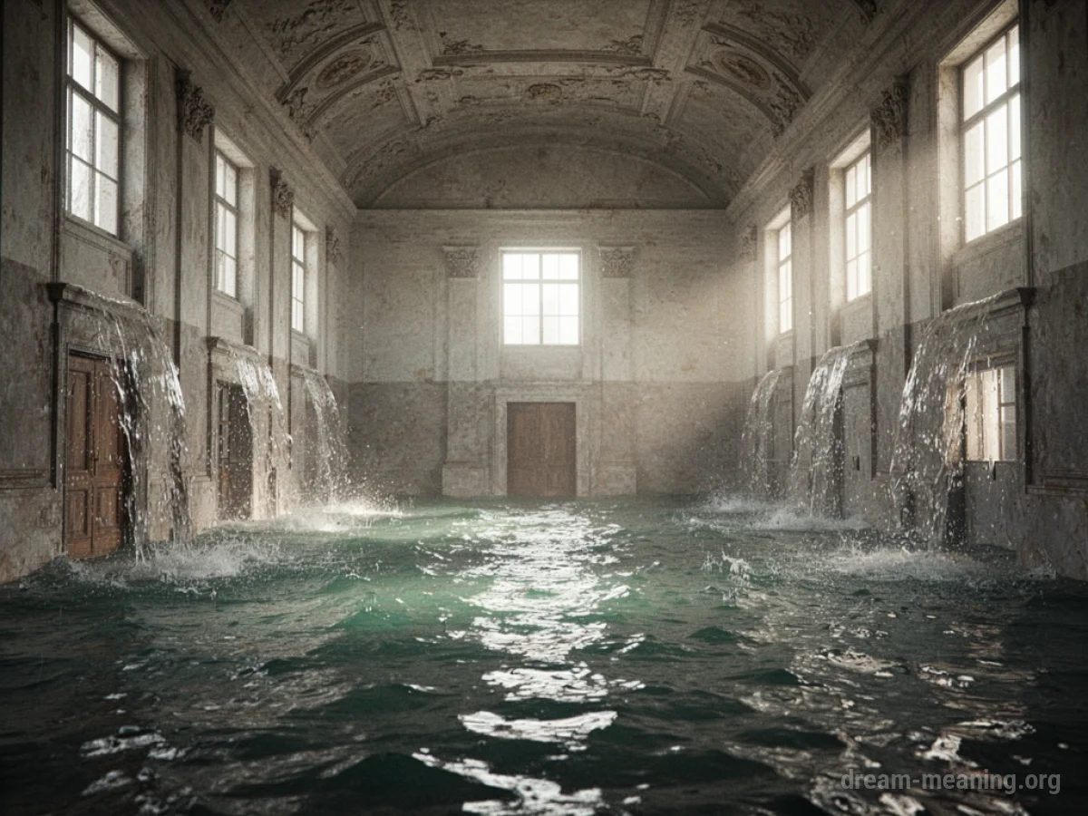 An interior view of a large hall partially submerged in water.