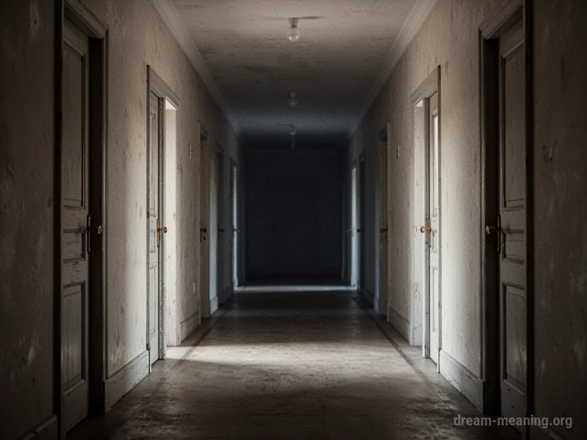 An empty, long hallway stretching into darkness.