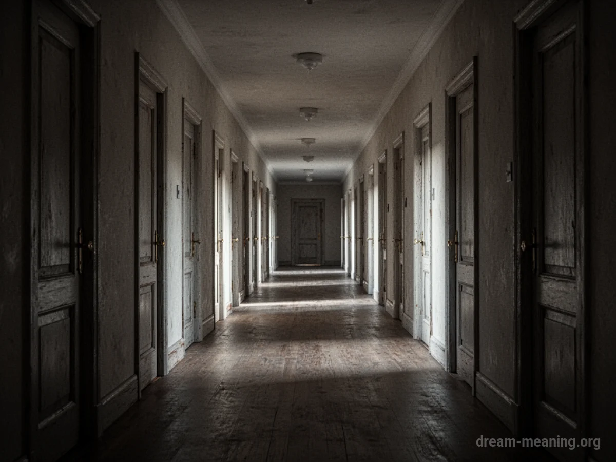 A long hallway with many closed doors.