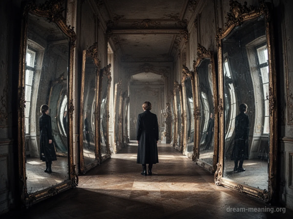 A person standing in a long hallway lined with mirrors.