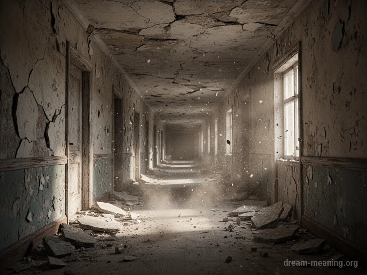 A hallway with crumbling walls and ceiling.