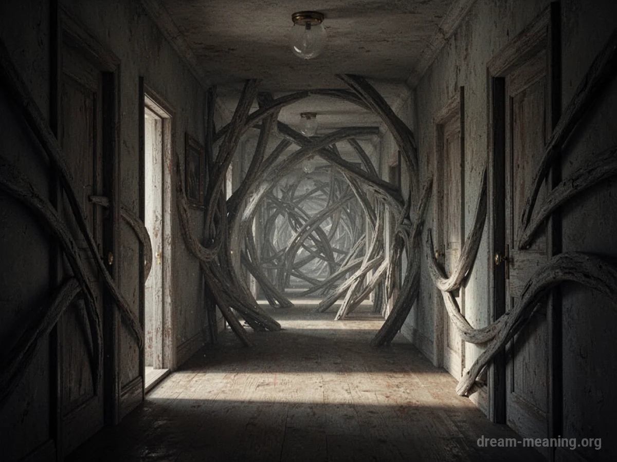 A person standing at the entrance of a hallway that transforms into a complex maze.