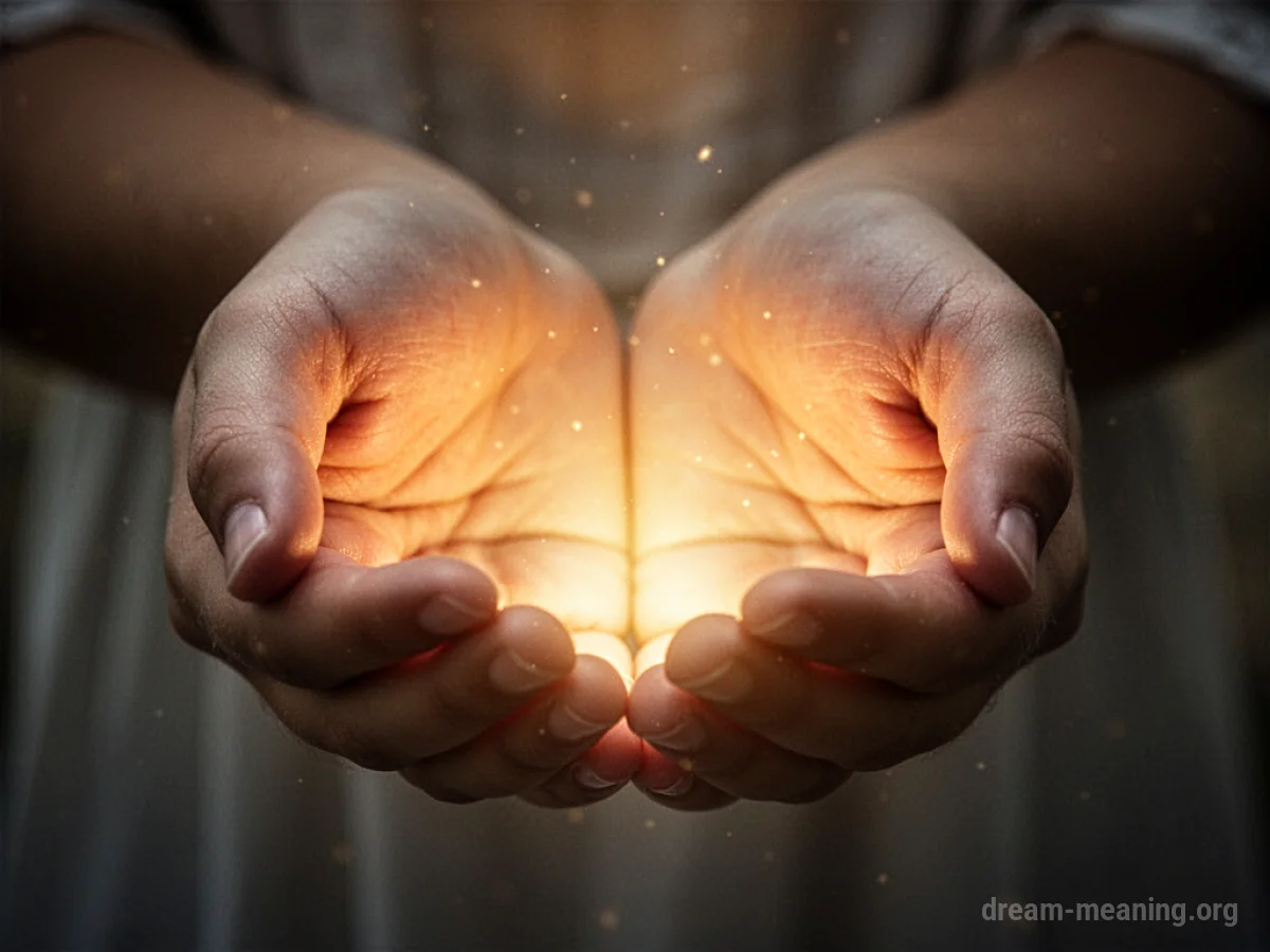 Two hands emitting a soft golden light.
