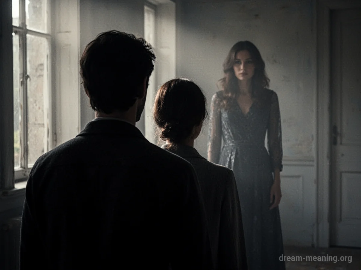 Silhouette of a person facing away from a distant female figure.
