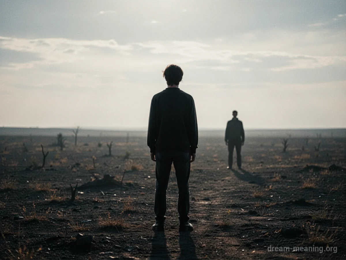 Two indistinct figures facing away from each other in a desolate environment.