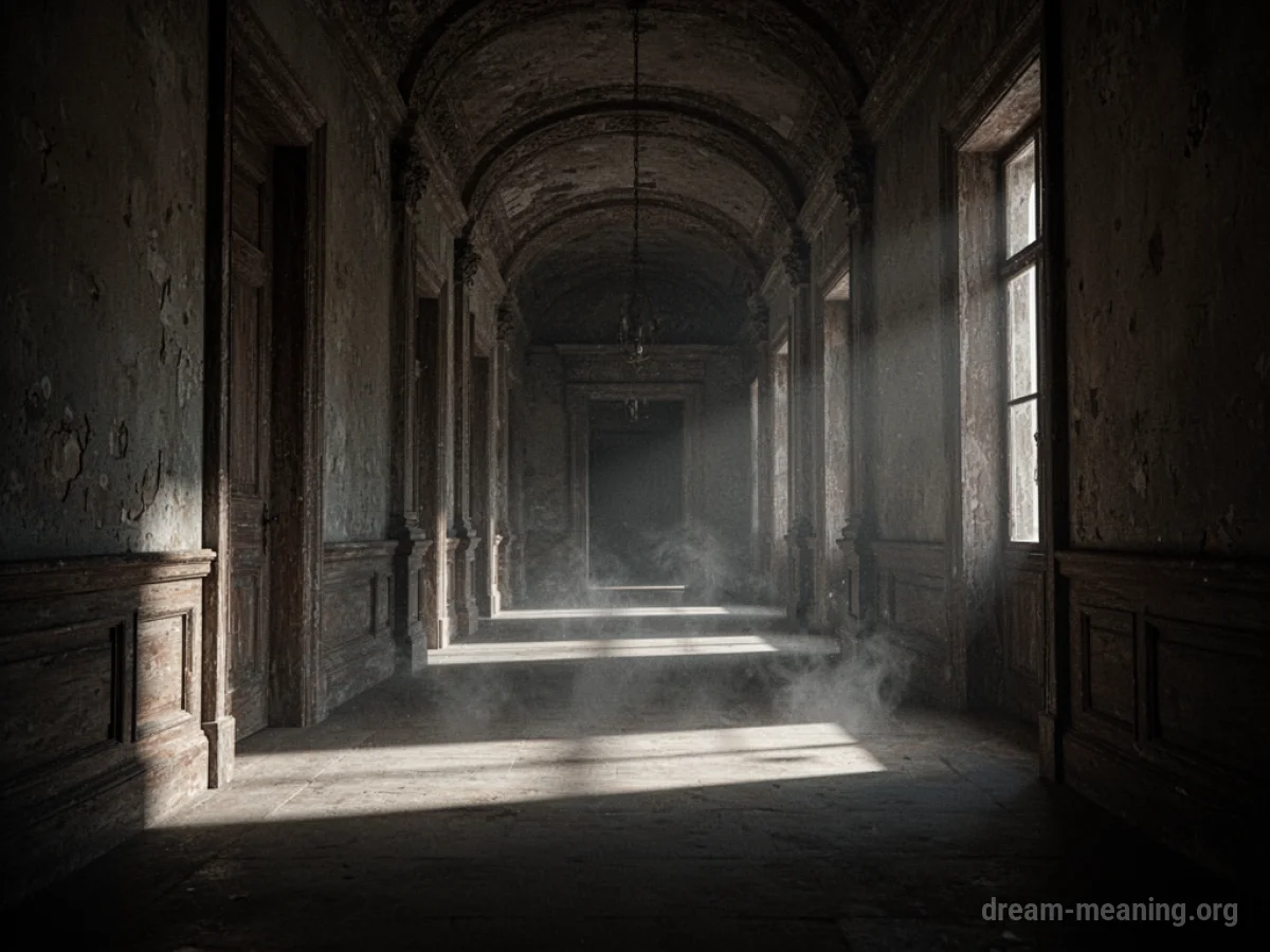 A long, dark, and empty hallway with shadows and faint mist.