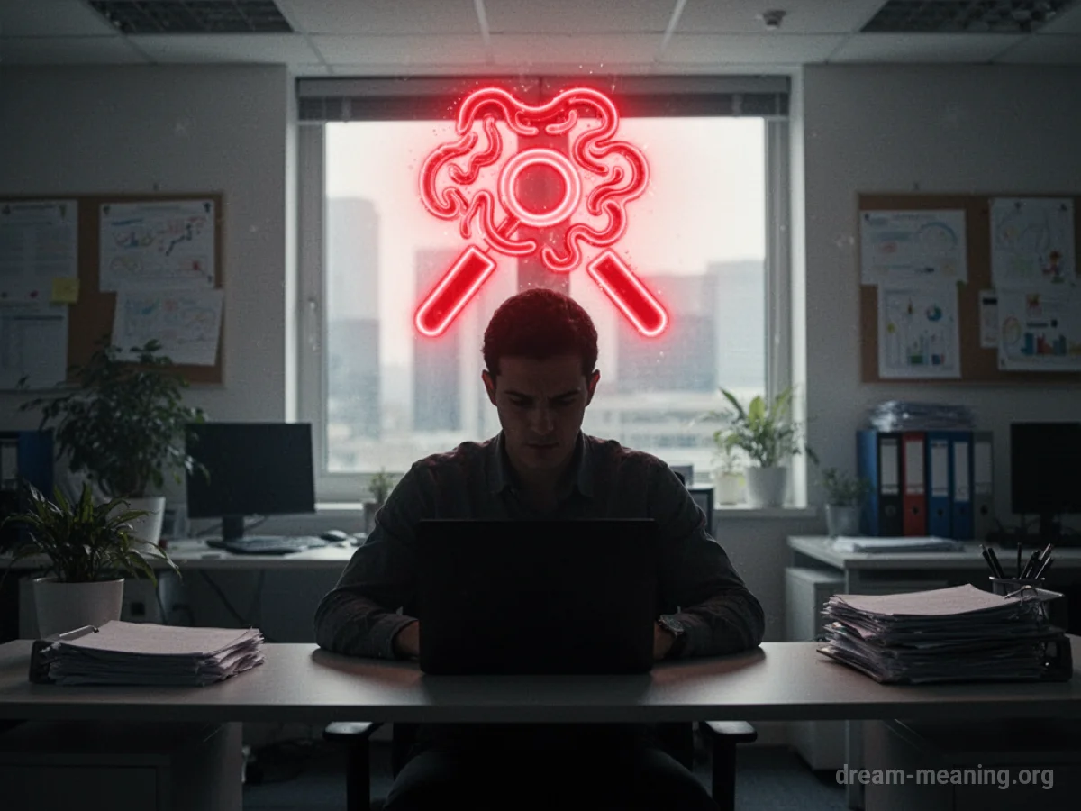 Silhouette of a person at a desk with a glowing red headache symbol above their head.