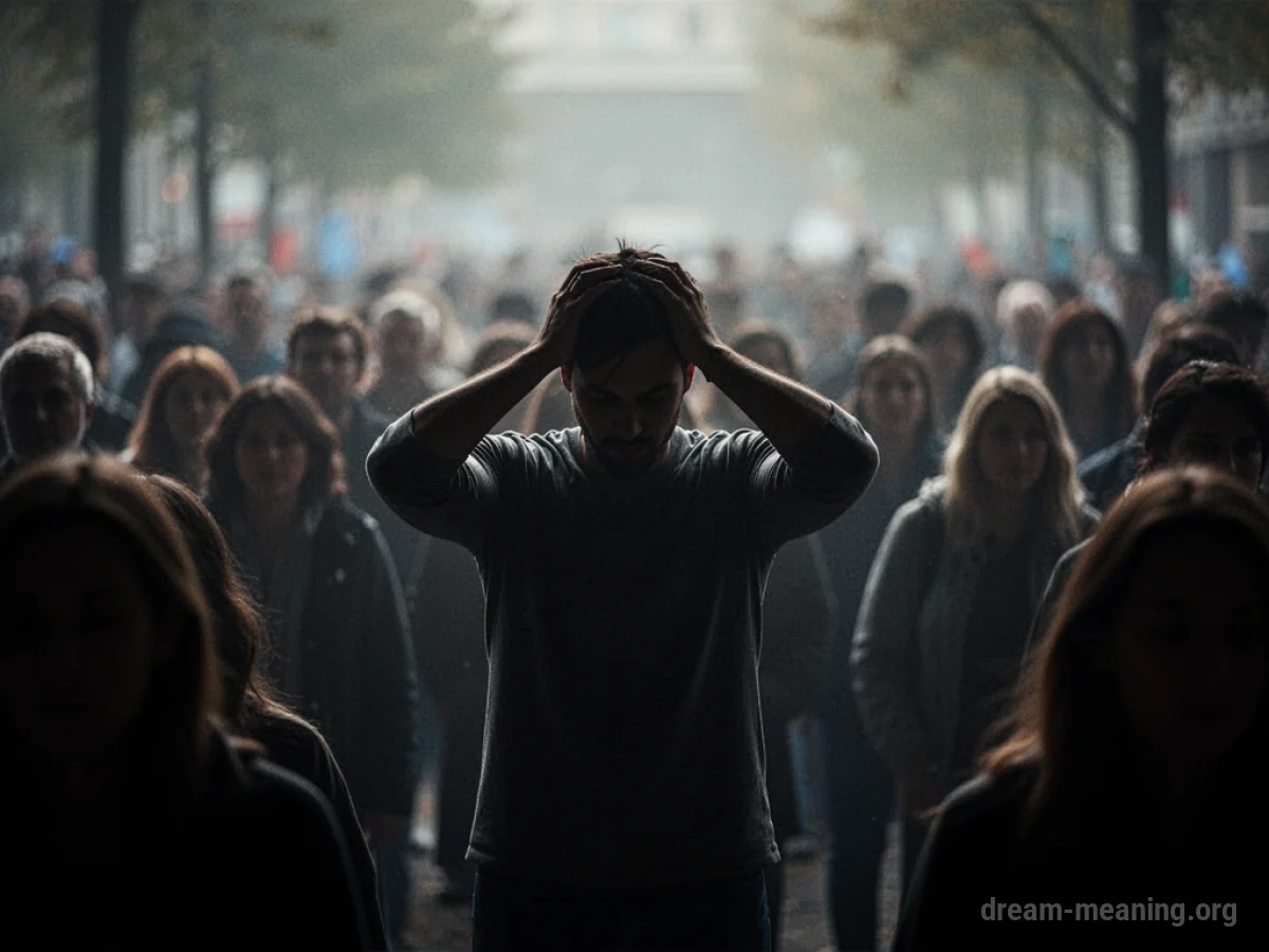 Silhouette of a person with a headache surrounded by a blurry crowd.