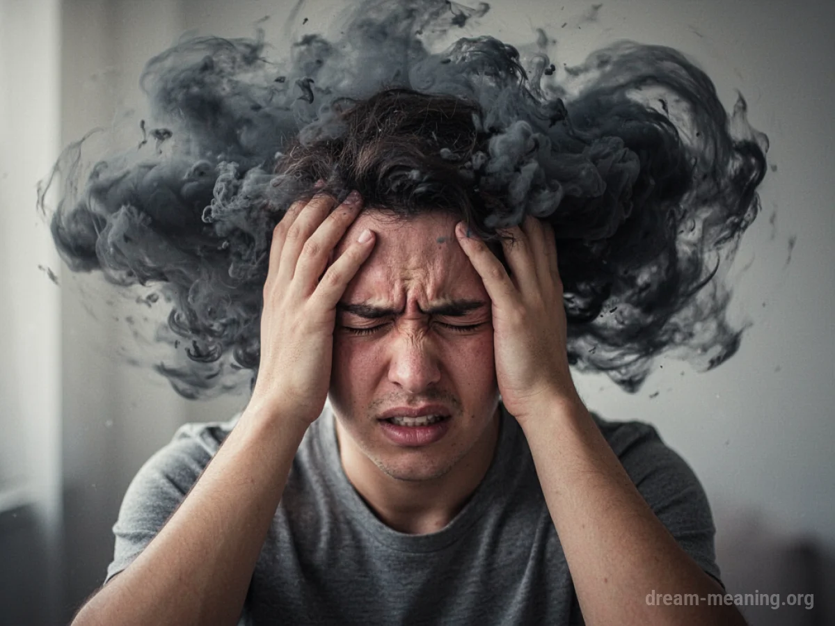 Person clutching their head with a dark, nebulous cloud above.