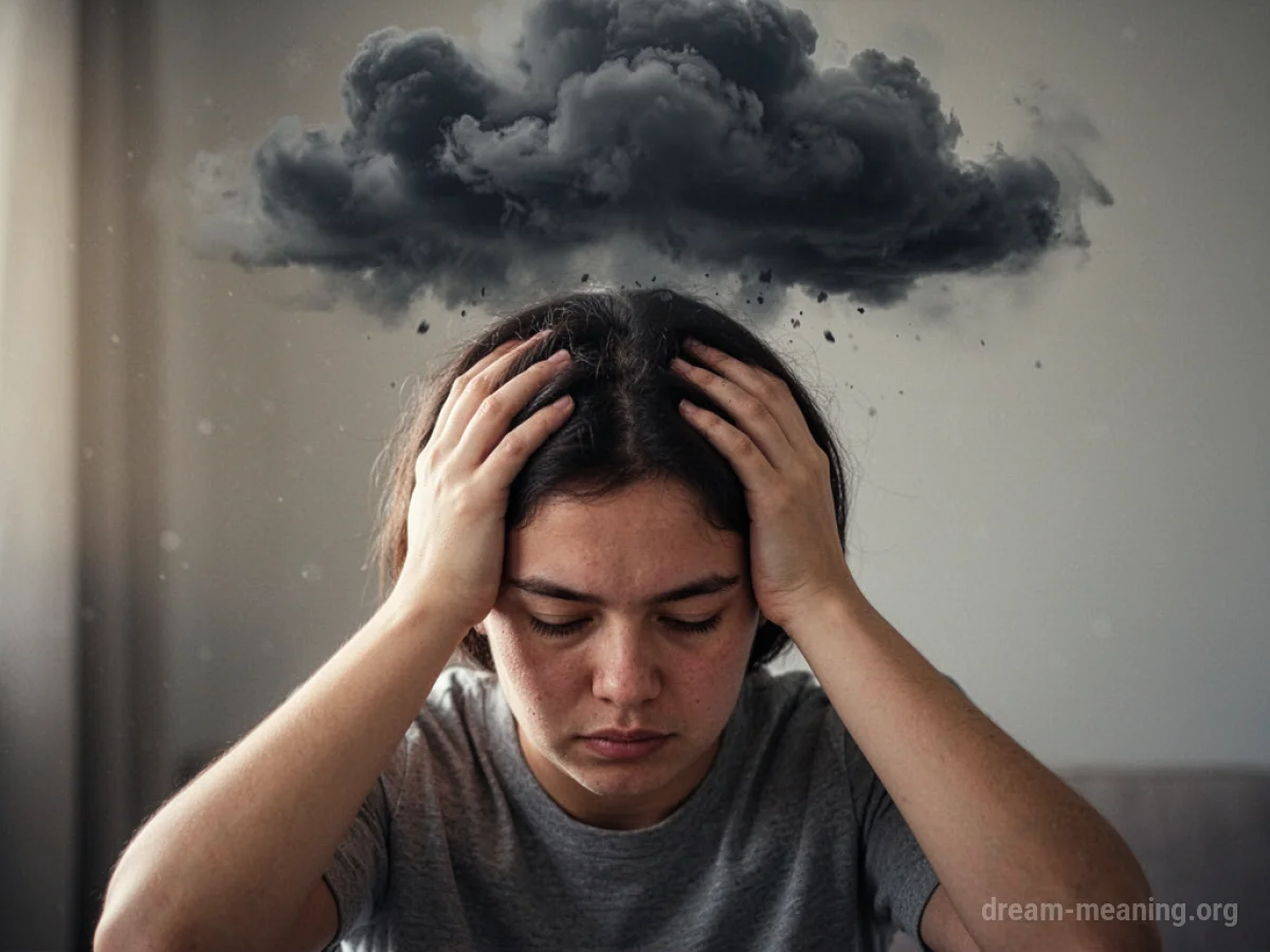 Person with hand on forehead and a dark cloud overhead.